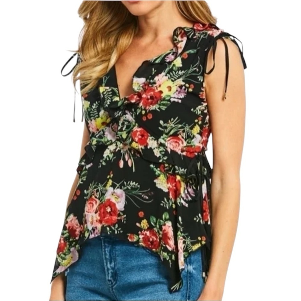 Buffalo Women’s Black Floral Ruffle Side Tie Sleeveless Top Size XS